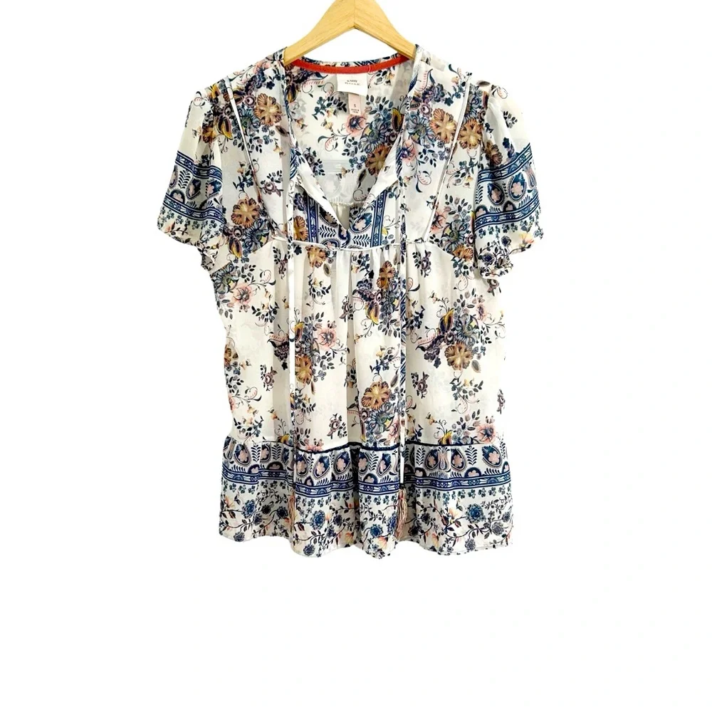 Knox Rose Small White Multicolor Floral Boho Peasant Tie Front Blouse